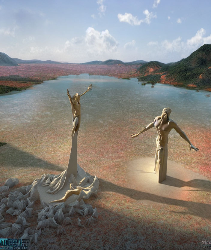 Statuesque figures by tranquil lake in lush landscape