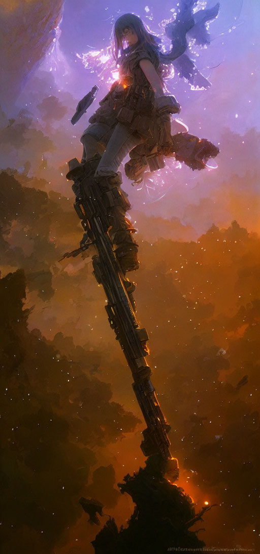 Giant humanoid robot with fiery nebula backdrop