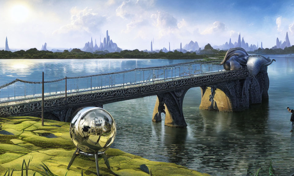 Surreal landscape with elephant-shaped bridge, shiny sphere, and futuristic spires under blue sky