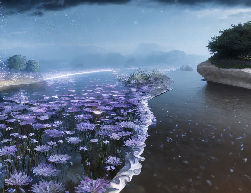 Tranquil Riverbank with Purple Flowers in Rainy Mist