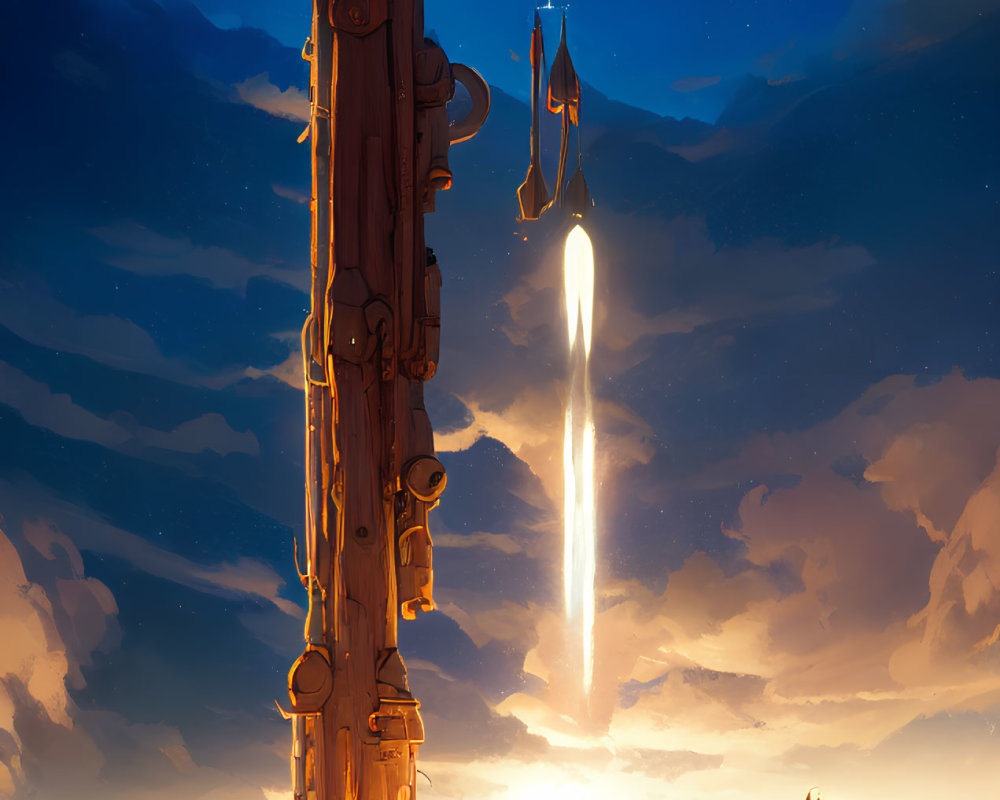 Majestic desert sunset scene with towering structure, figures, and spaceship