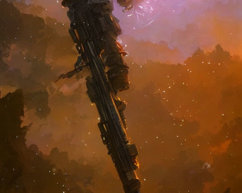 Giant humanoid robot with fiery nebula backdrop