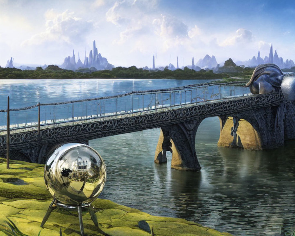 Surreal landscape with elephant-shaped bridge, shiny sphere, and futuristic spires under blue sky