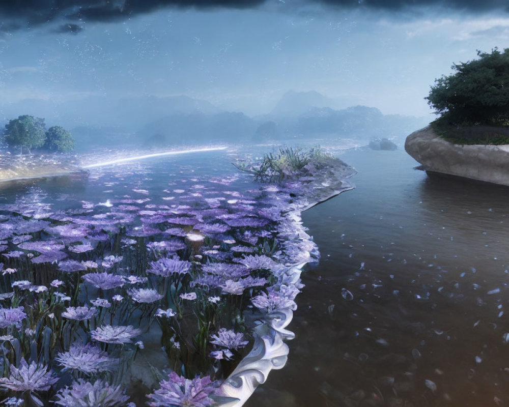 Tranquil Riverbank with Purple Flowers in Rainy Mist