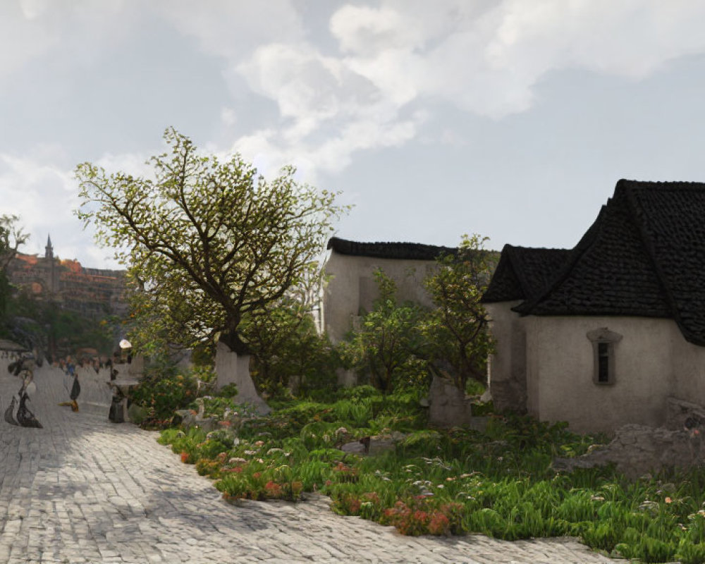 Tranquil cobblestone street with quaint houses, plants, and people under cloudy sky