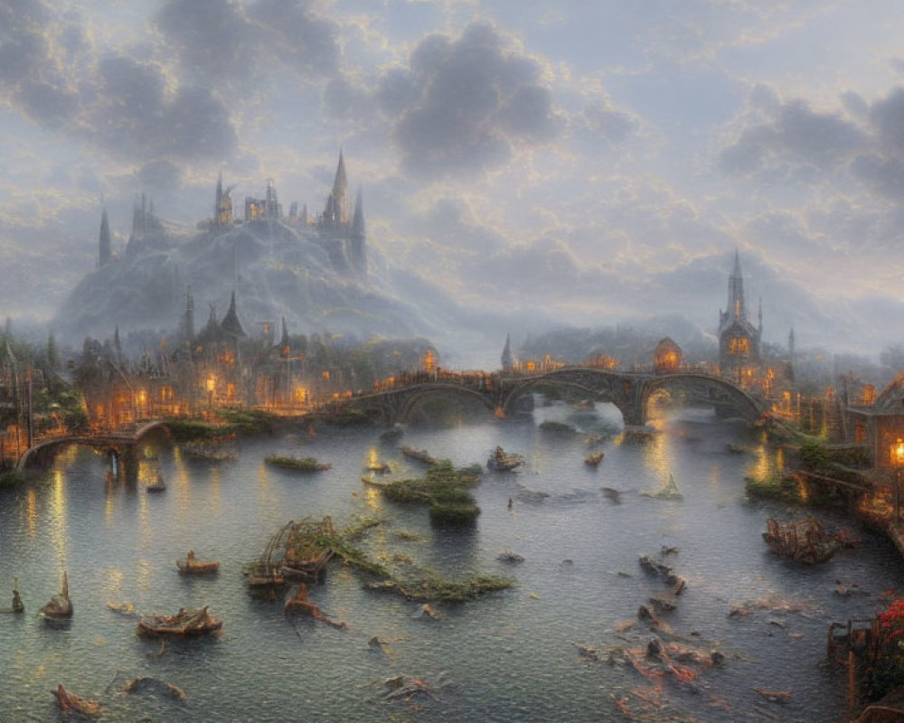 Medieval fantasy cityscape with castle, bridges, boats, and glowing lights