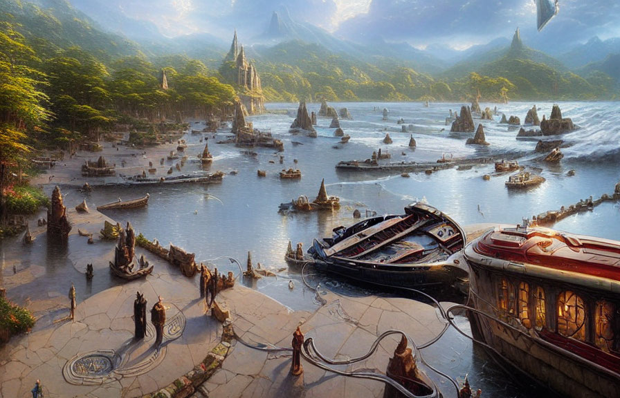 Fantastical harbor scene with ornate ships, spires, sea, mountains, and sunlit