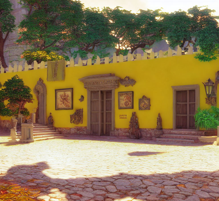 Sunny Courtyard with Yellow Wall, Cobblestone Ground, Greenery, and Artwork