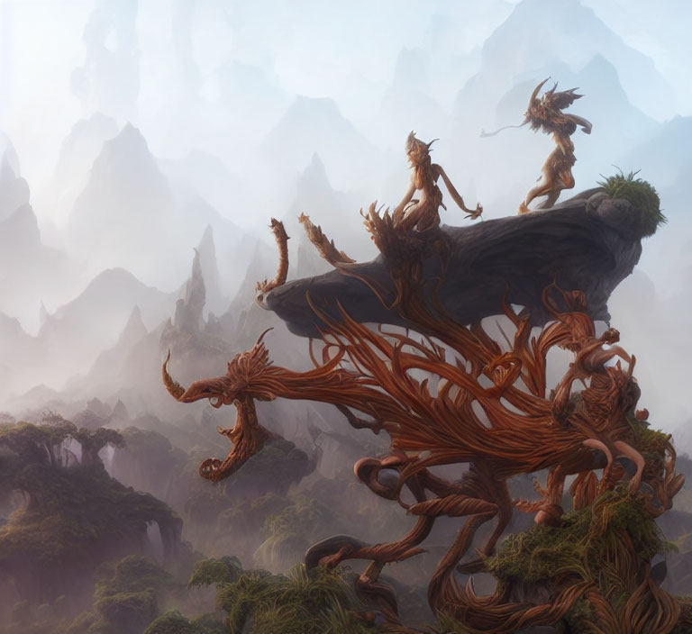 Majestic fantasy landscape with mountains, mist, and floating island with tree-like beings.