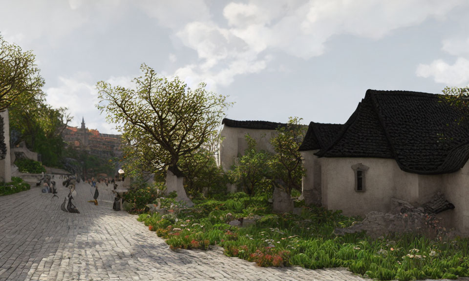 Tranquil cobblestone street with quaint houses, plants, and people under cloudy sky