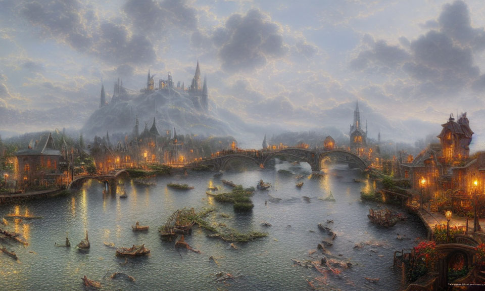 Medieval fantasy cityscape with castle, bridges, boats, and glowing lights