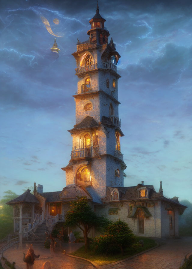 Fantasy tower digital artwork against twilight sky