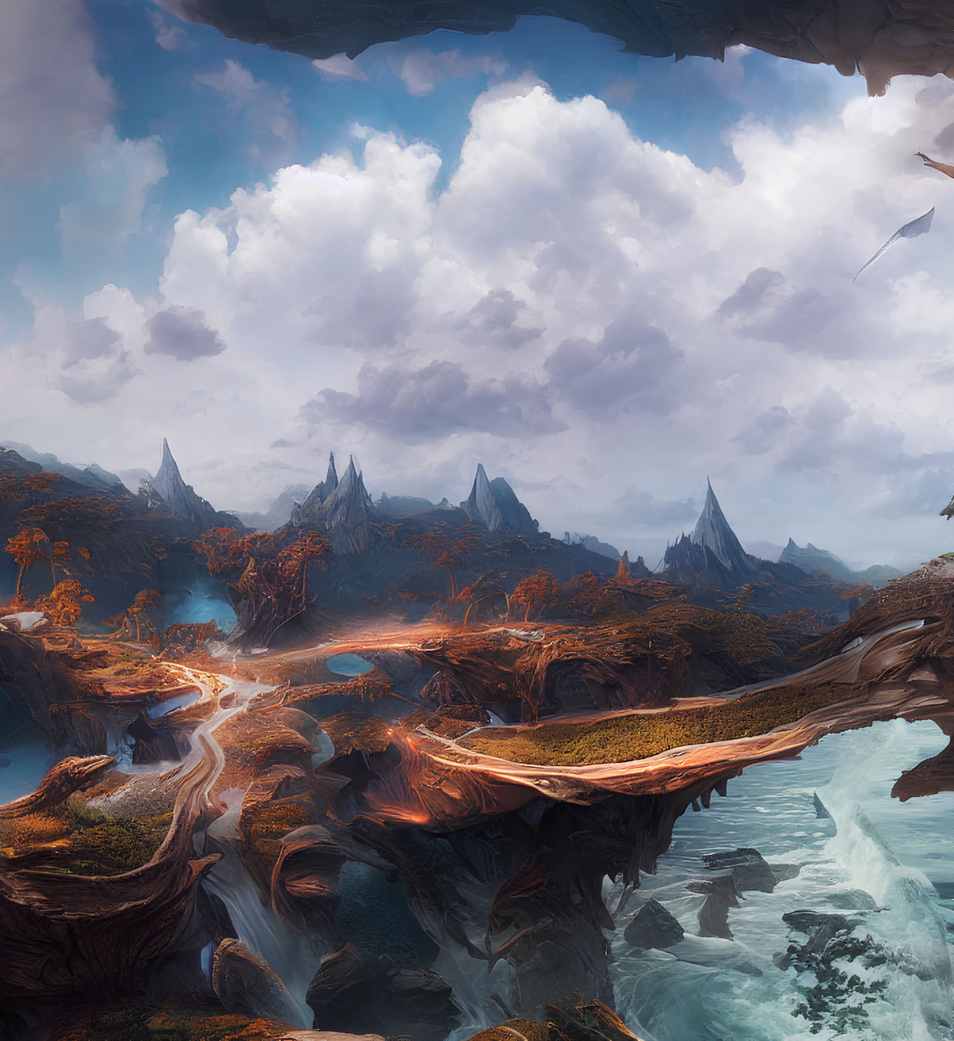 Fantastical landscape with towering spires, river, bridges, and rock ceiling