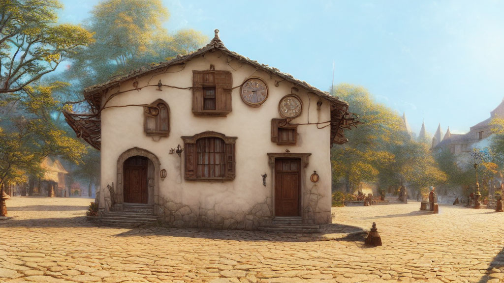 White Cottage with Tiled Roof in Medieval Village Setting