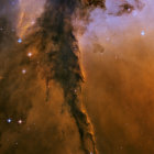 Giant humanoid robot with fiery nebula backdrop