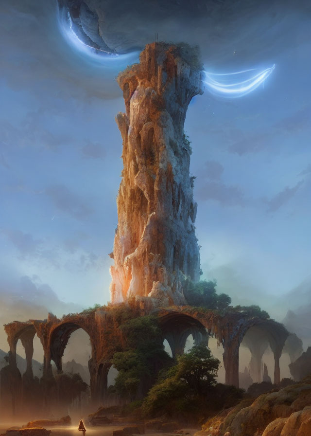 Rocky structure with arches in mystical landscape under twin moons