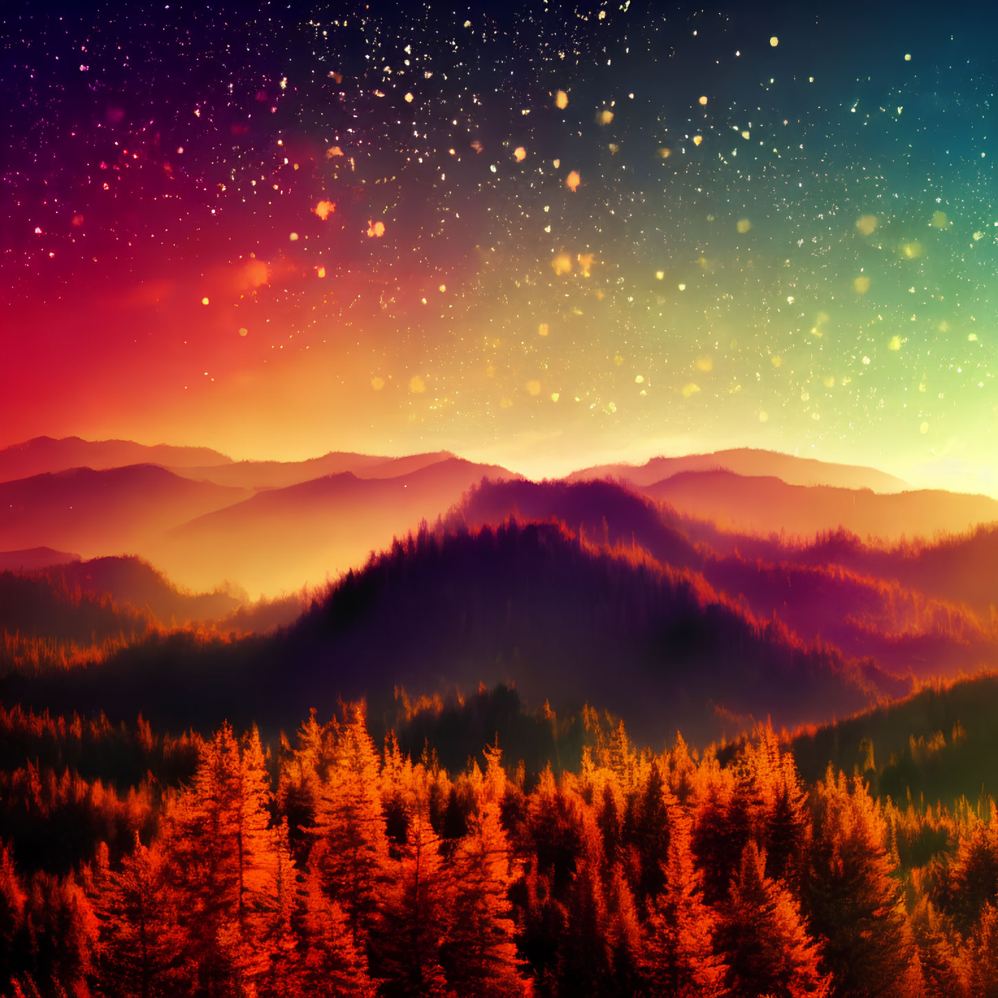 Vibrant sunset gradient over silhouetted mountains and forest landscape