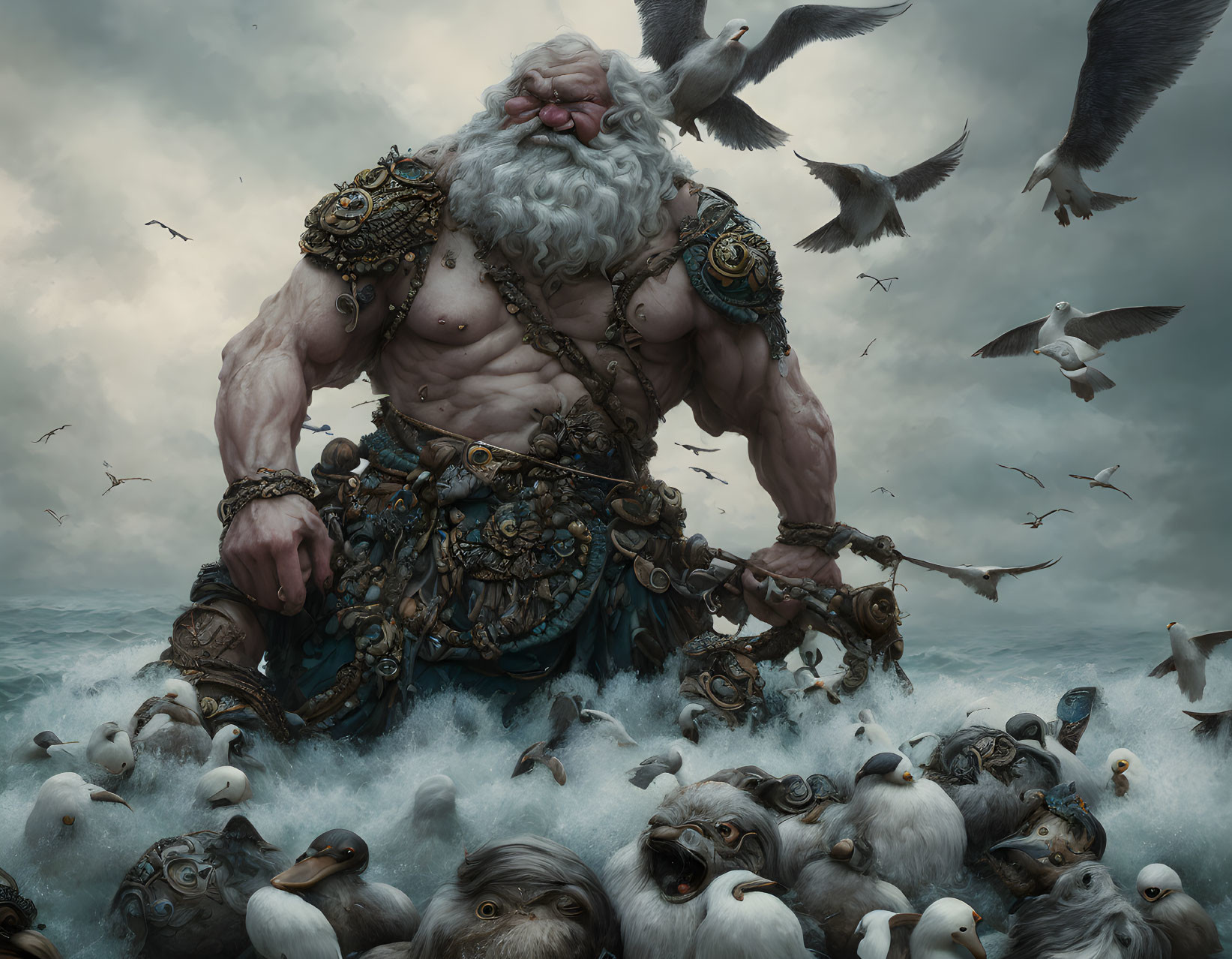 Bearded giant in ornate armor with sea birds under stormy sky