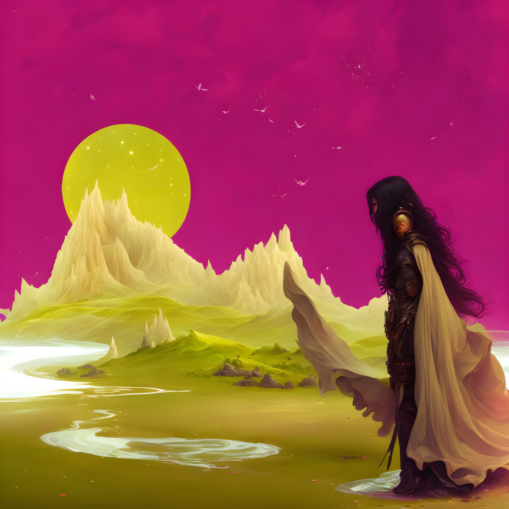 Cloaked figure by green pool, snow-capped mountains, yellow moon, purple sky with birds