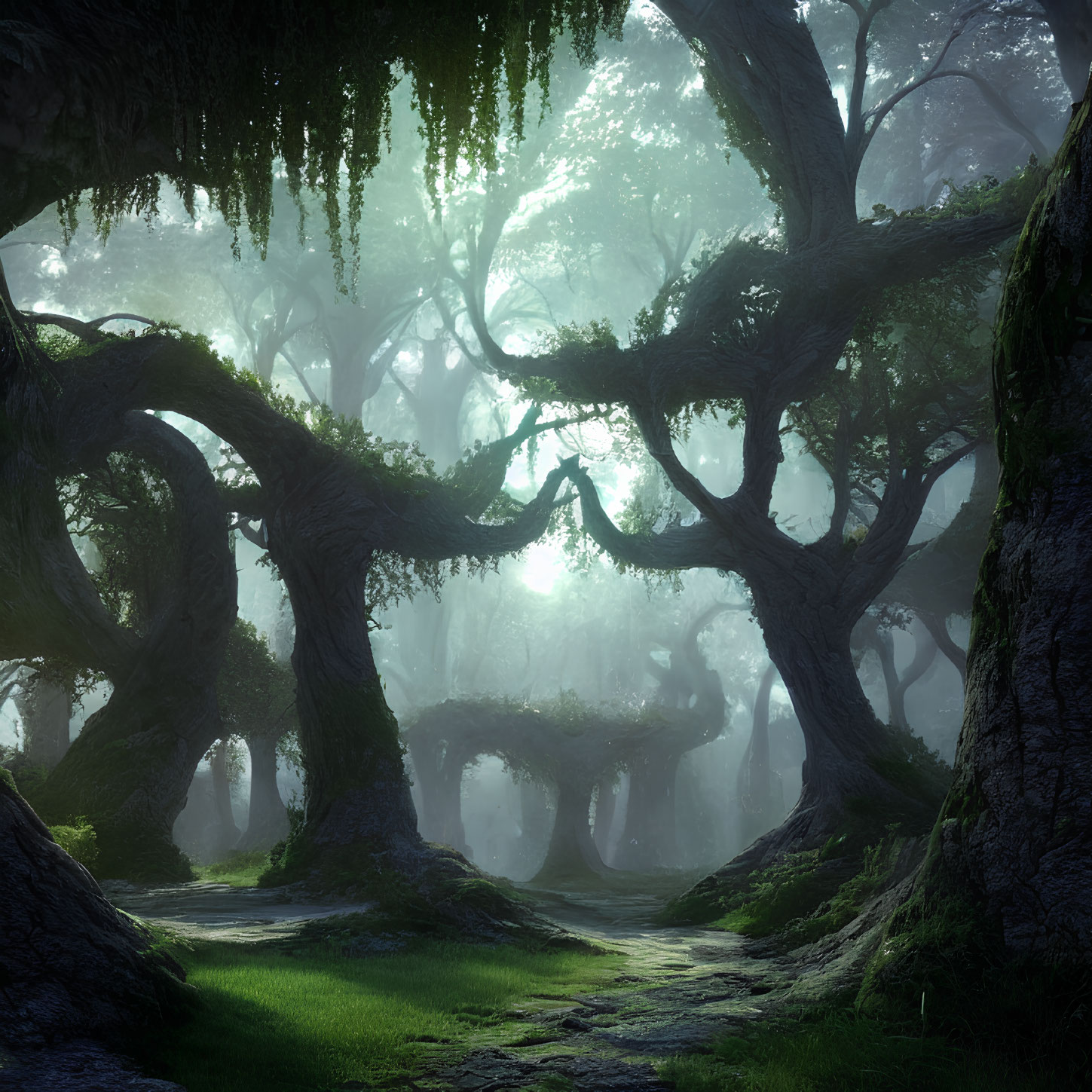 Ethereal forest with twisted trees and hanging moss