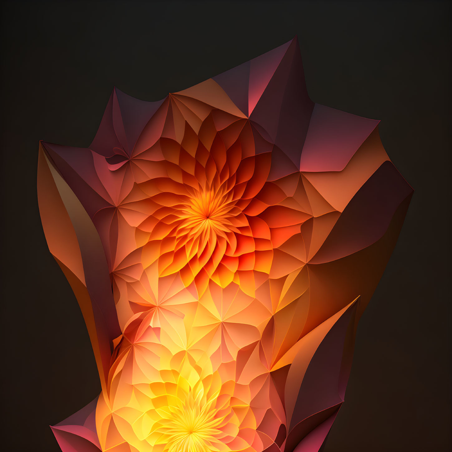 Abstract digital art of glowing fiery flower with geometric petals in warm color gradient on dark background