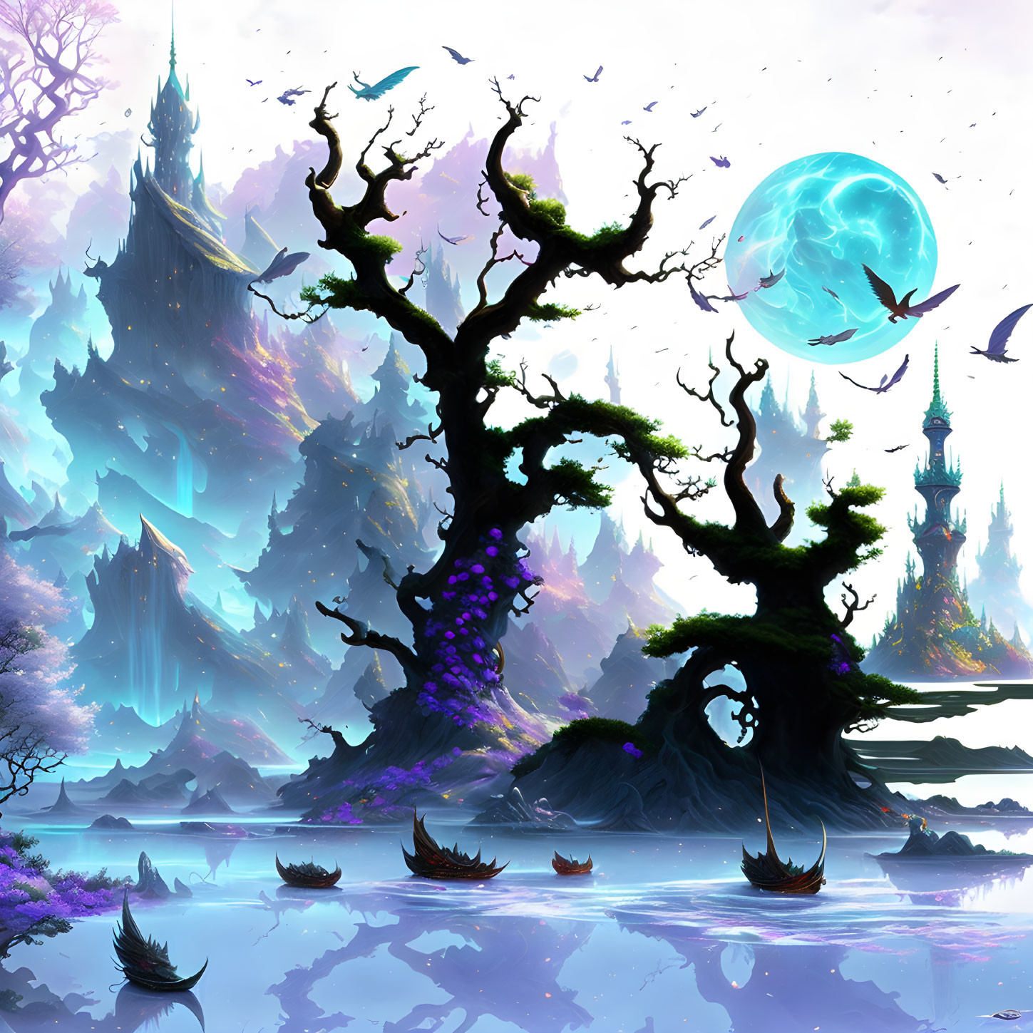 Fantastical landscape with eerie tree on island surrounded by water, boats, moon, spires,