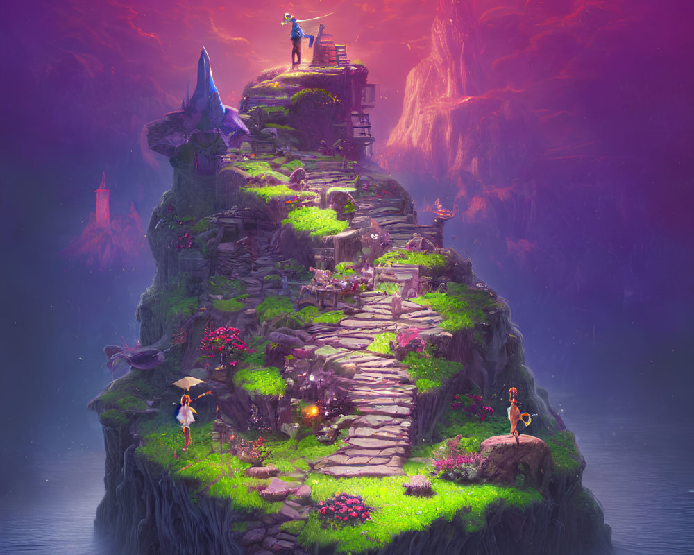 Fantasy landscape with floating island, observatory, medieval characters, colorful flora