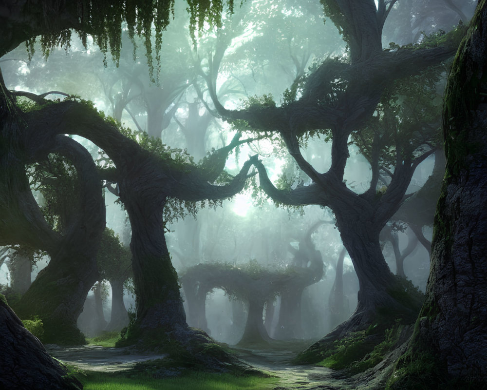 Ethereal forest with twisted trees and hanging moss