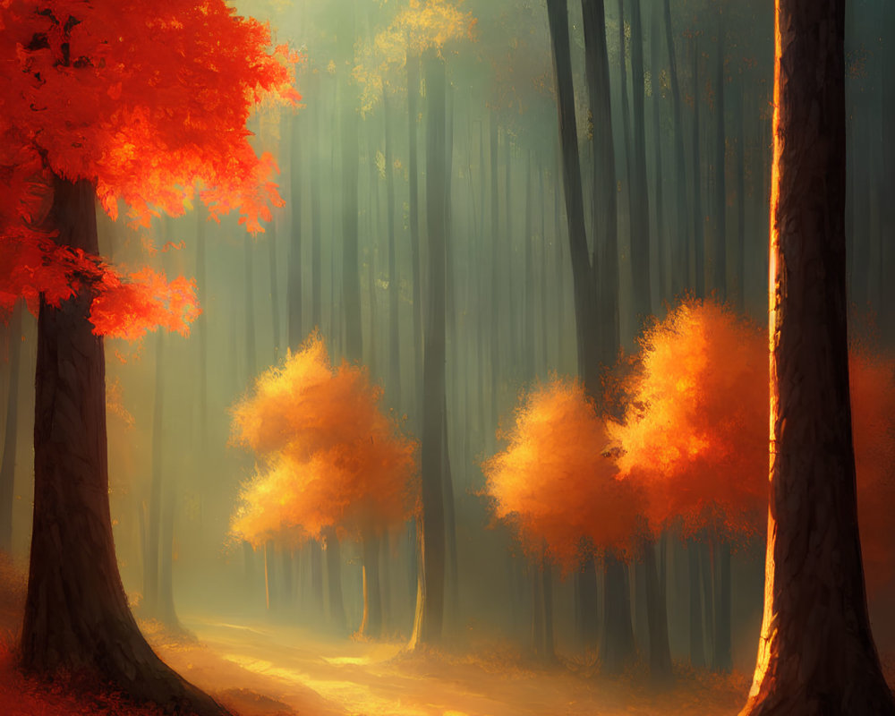 Golden sunlight illuminates vibrant autumn forest with misty trees