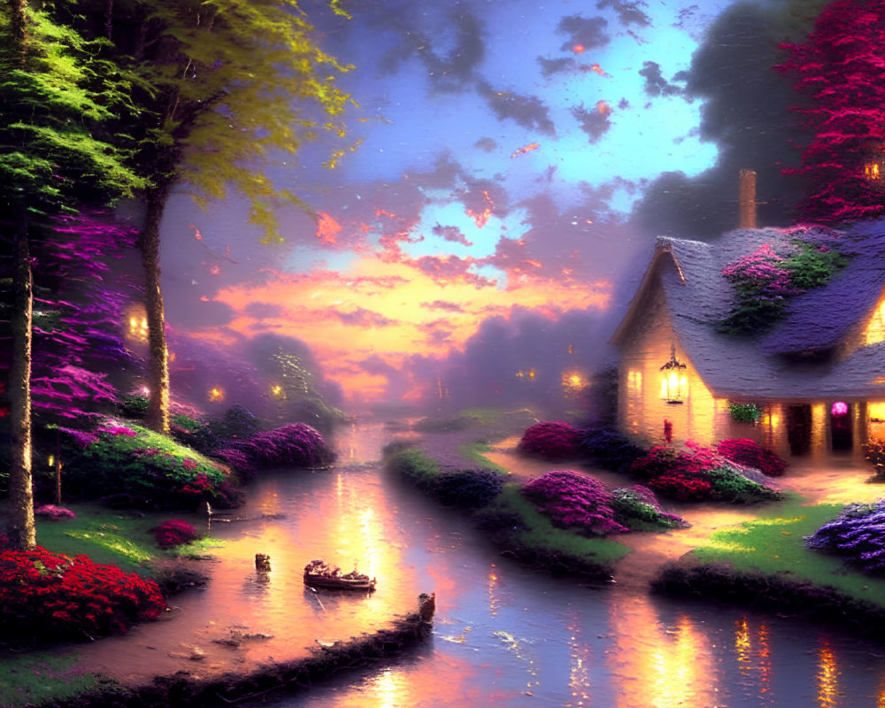 Tranquil riverside cottage at twilight with vibrant flowers