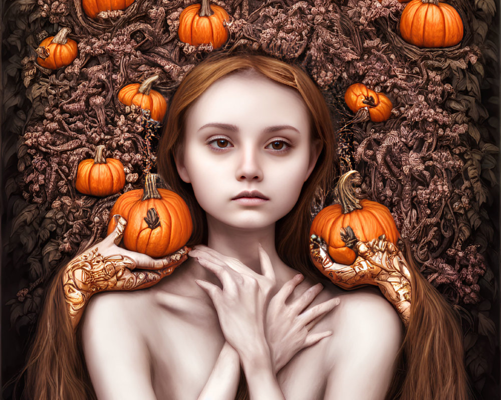 Woman with Piercing Eyes Surrounded by Pumpkin Tapestry