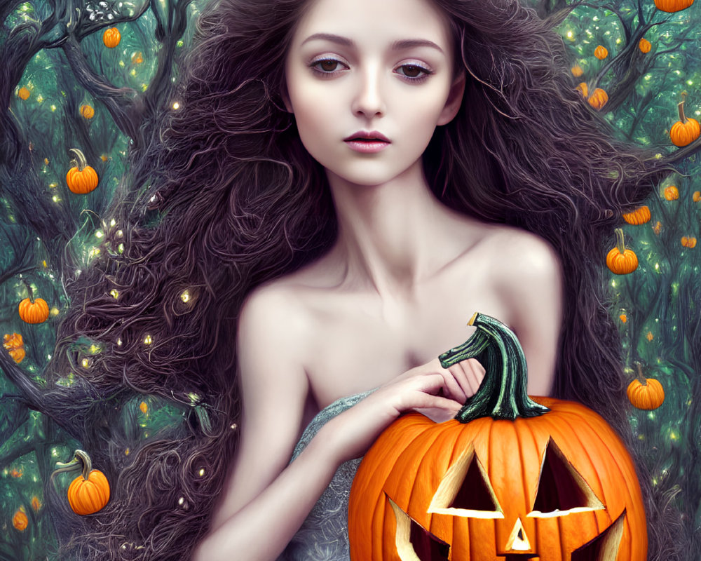 Dark-haired woman with tiara holding pumpkin in magical forest