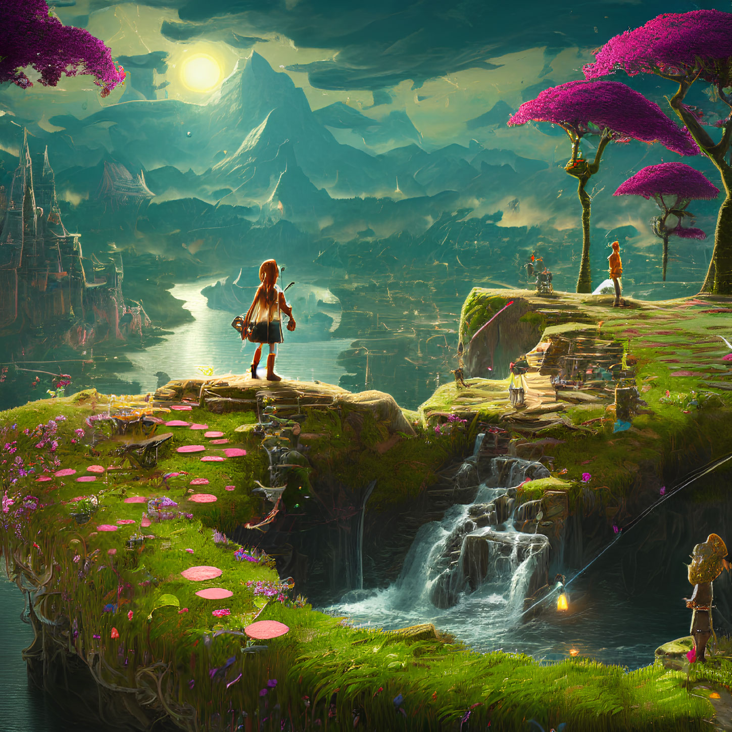 Fantasy landscape with girl, pink trees, waterfalls, and castle