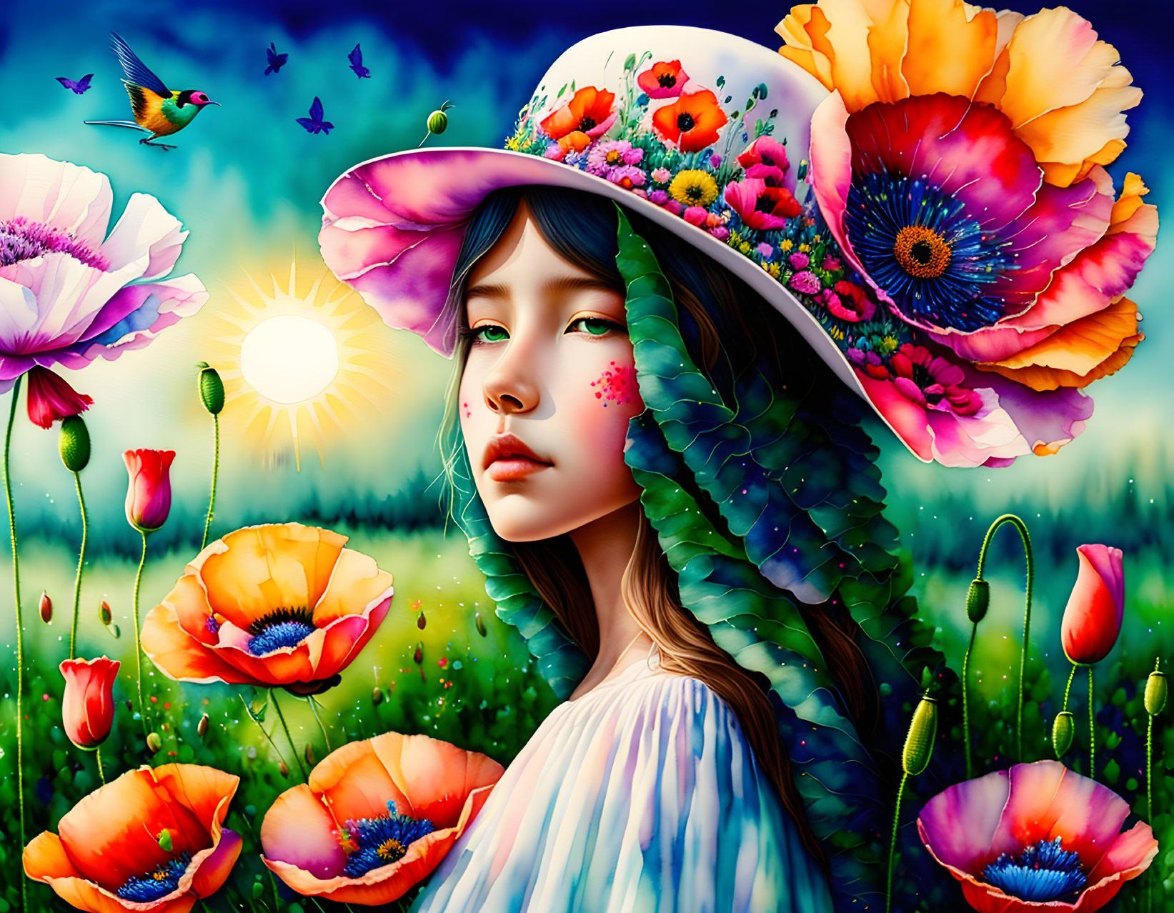 Colorful girl with floral hat, surrounded by flowers and hummingbirds under sunny sky