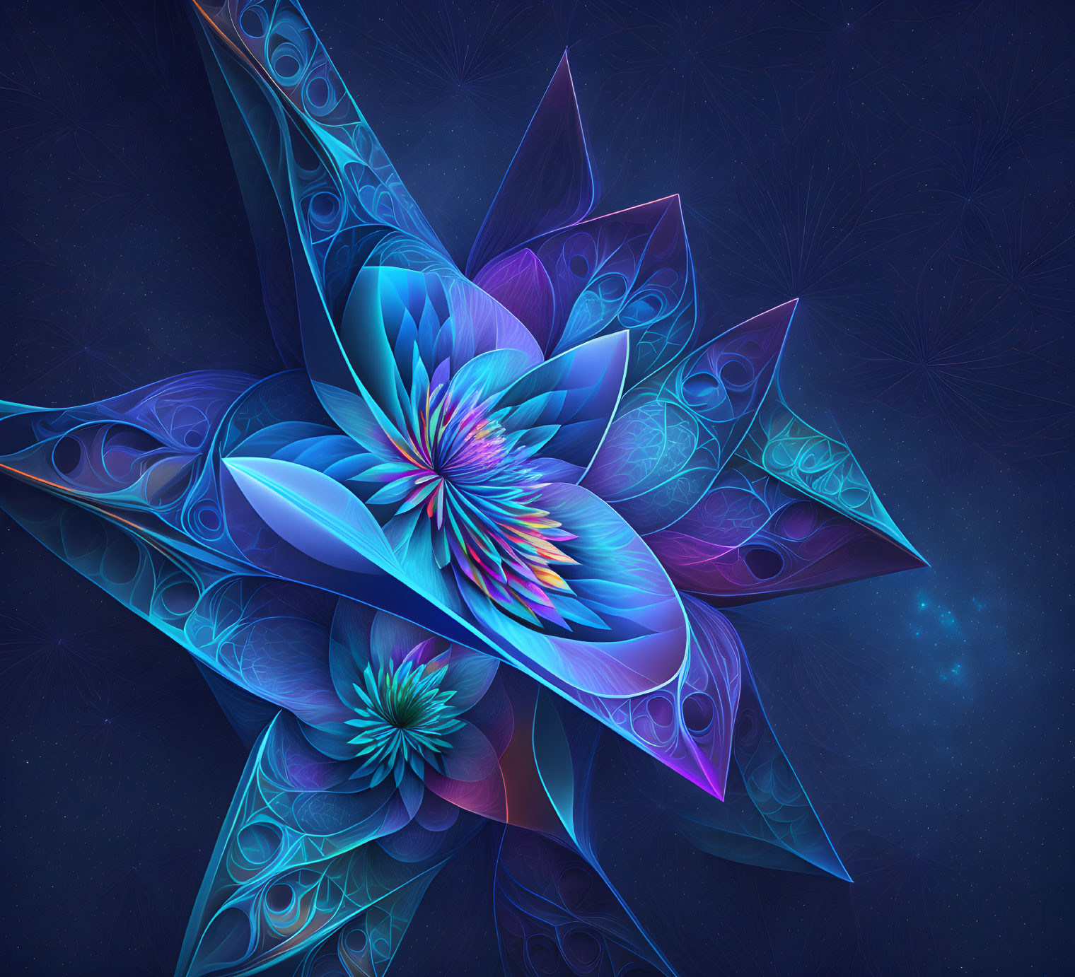 Layered Multicolored Flower Artwork on Dark Blue Background