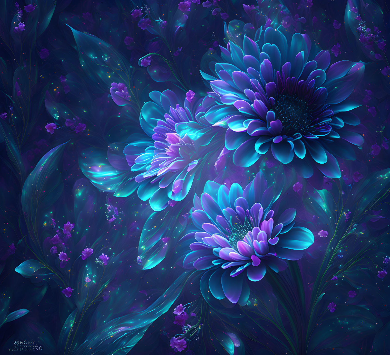 Luminescent blue and purple flowers in digital art