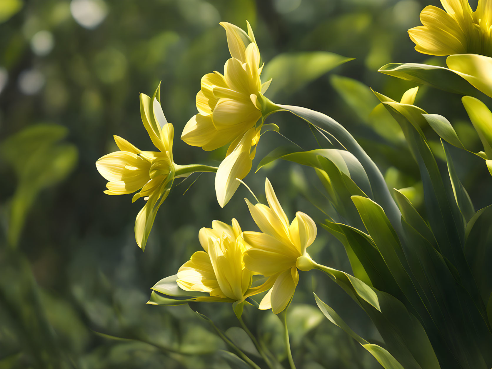 Bright Yellow Tulips in Sunlight on Green Foliage Background