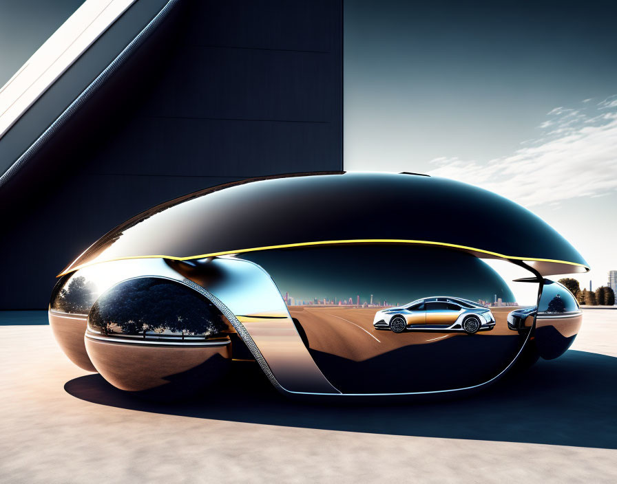 Sleek futuristic vehicle with reflective surfaces near modern building