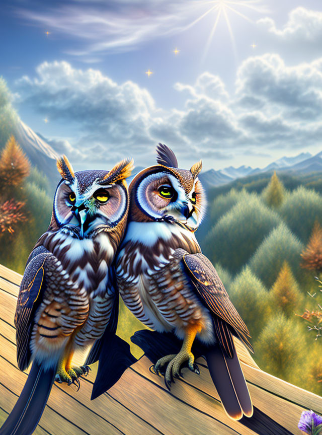 Stylized owls on wood with vibrant mountain landscape & starry sky