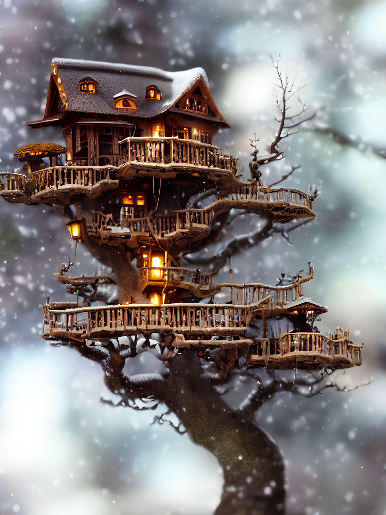 Illuminated multi-story treehouse in snowy twilight