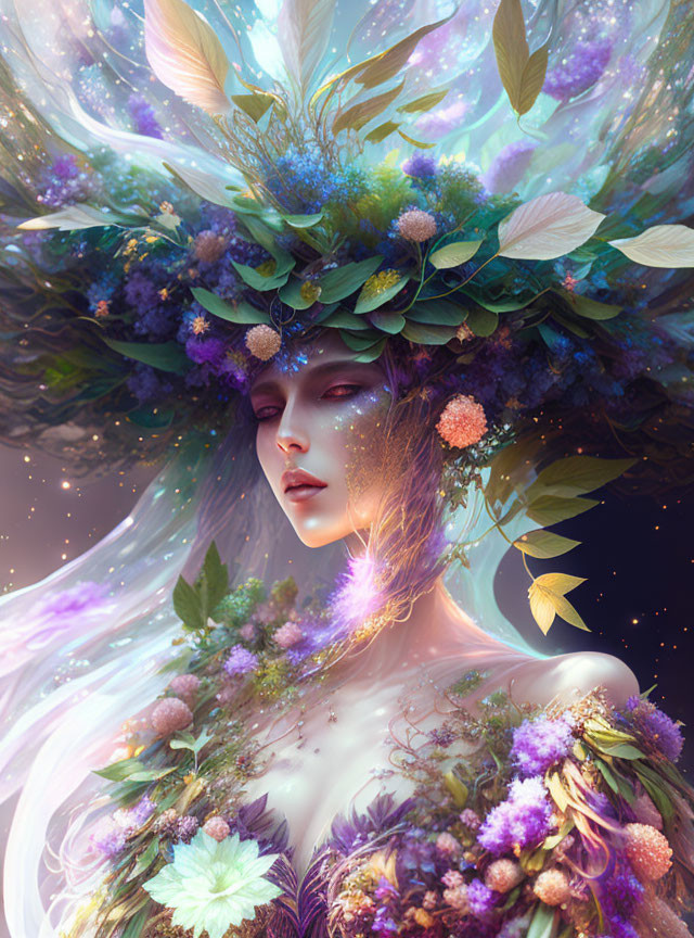 Mystical woman with floral headdress in cosmic setting