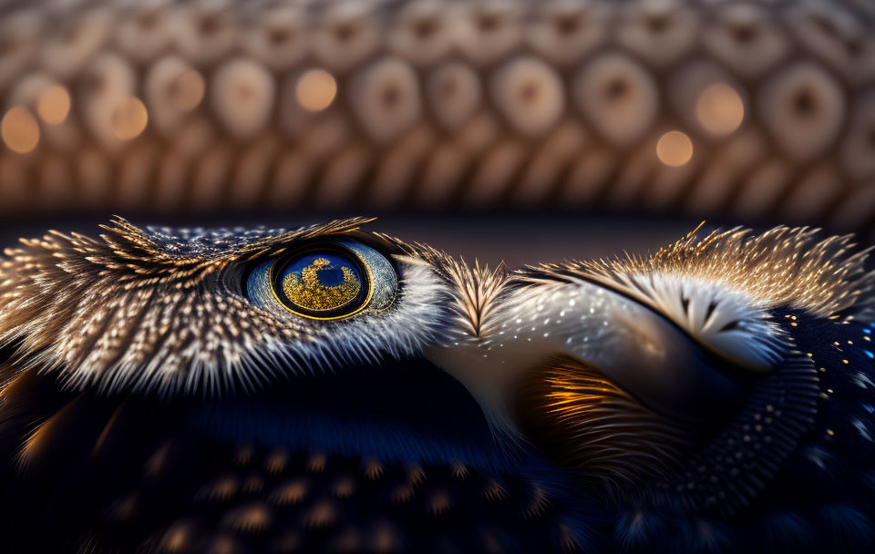 Detailed close-up of owl's yellow eye and feathers with bokeh lights.