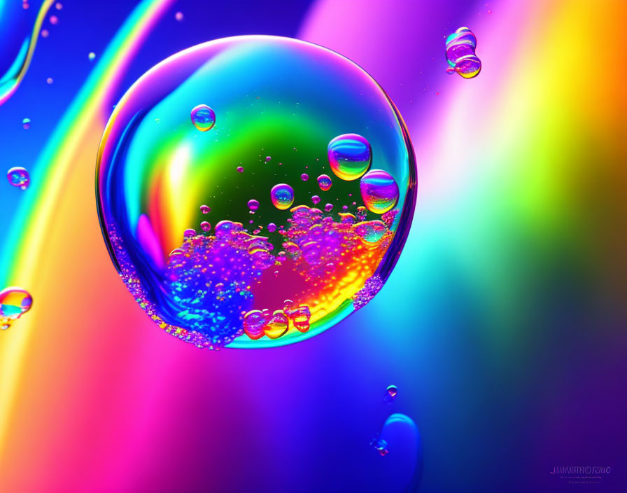 Colorful macro photo: water droplets on gradient background with rainbow refractions