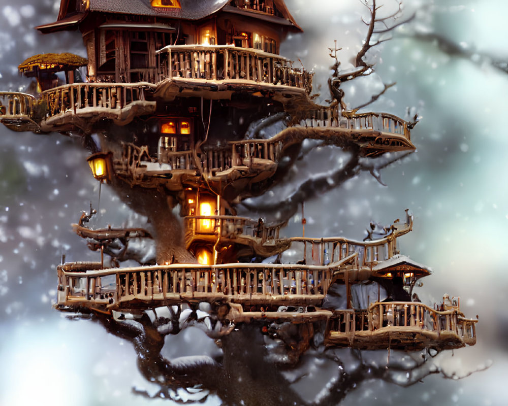 Illuminated multi-story treehouse in snowy twilight