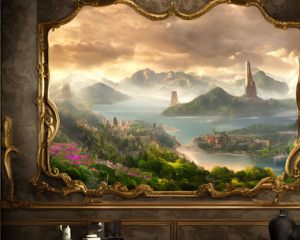 Golden frame surrounds serene landscape with mountains, castle, and lush greenery viewed from elegant room.