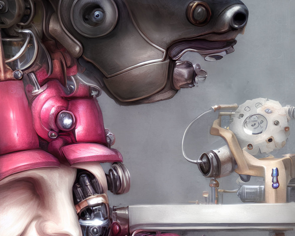 Surreal Artwork: Smiling Face with Mechanical Augmentations