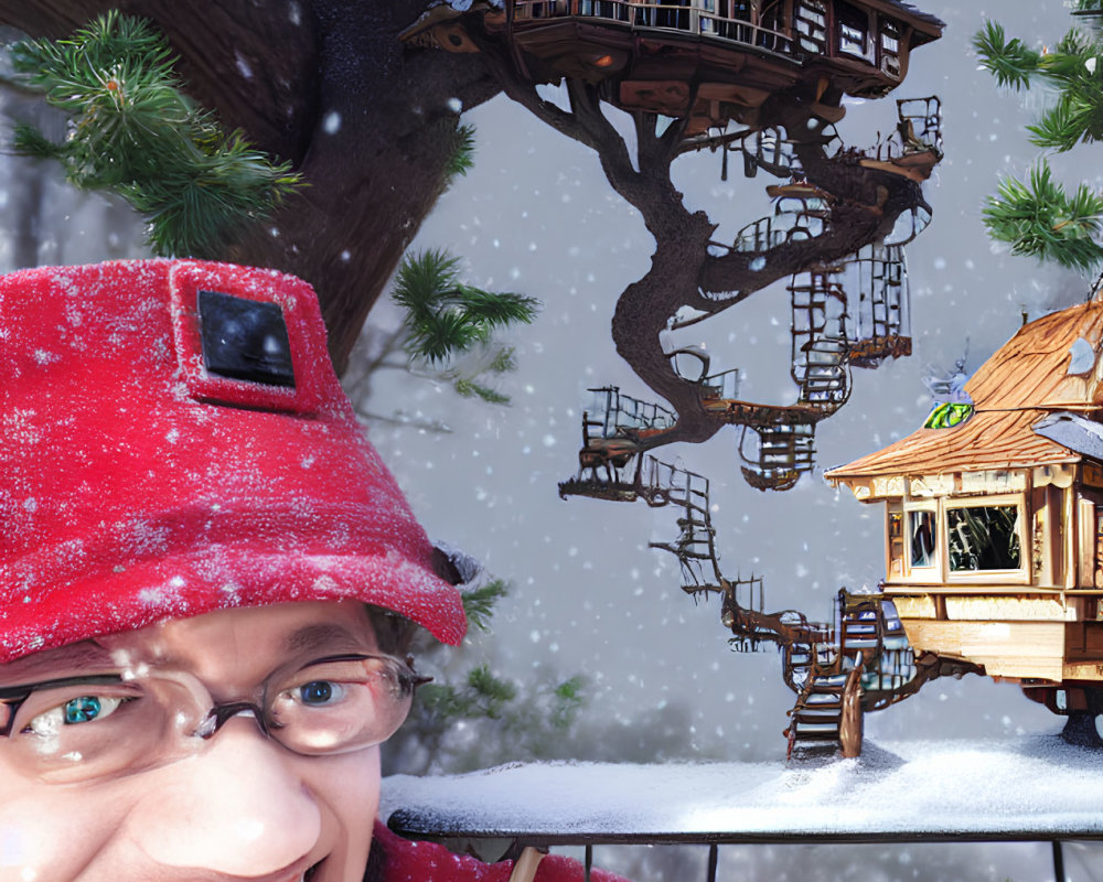 Person in Red Coat and Cap with Snowy Treehouse Village