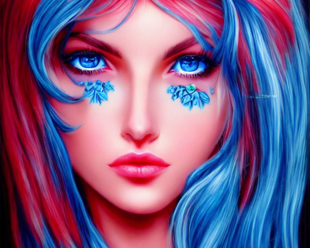 Colorful digital portrait of a female with blue and pink hair and striking blue eyes.