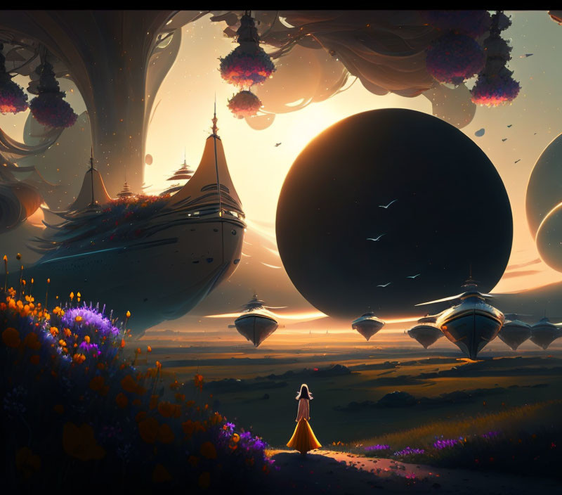 Fantasy landscape with floating islands, vibrant flora, futuristic ships, colossal planet, and solitary figure.