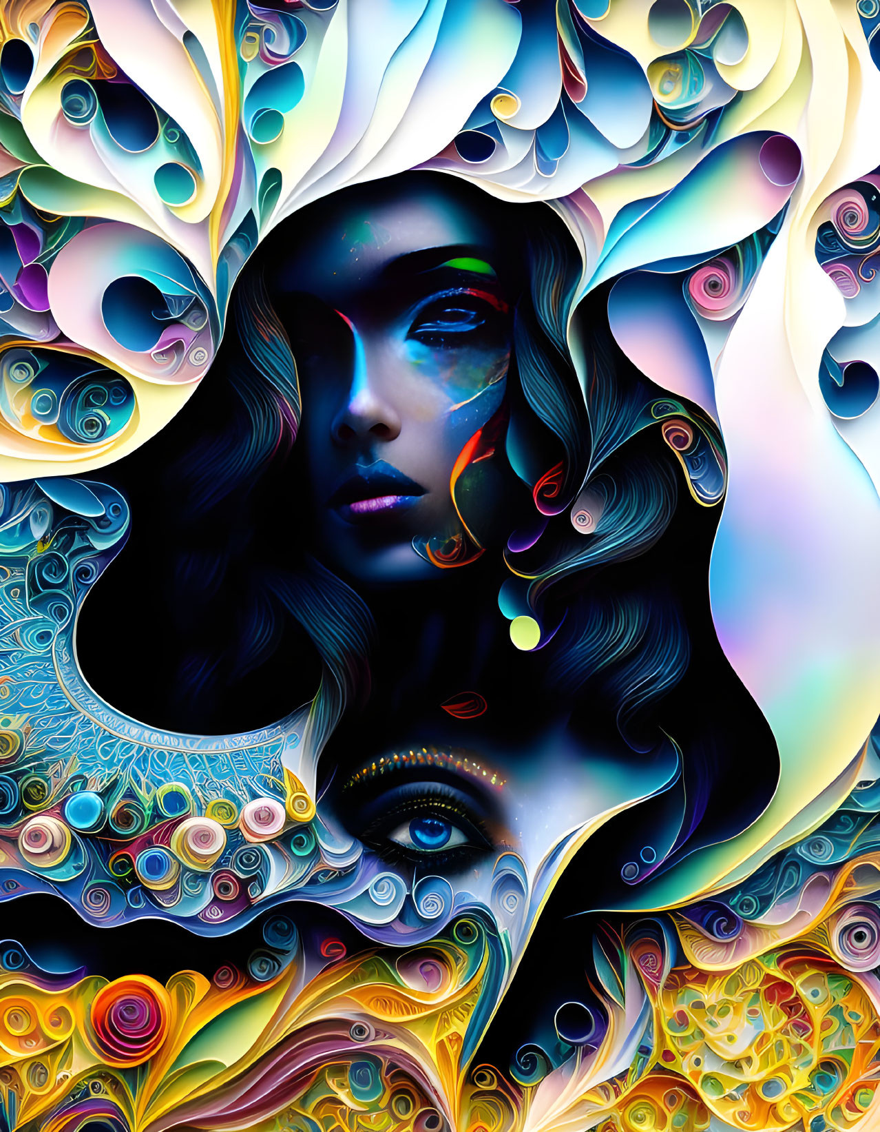 Colorful digital artwork: Woman's face in abstract swirls